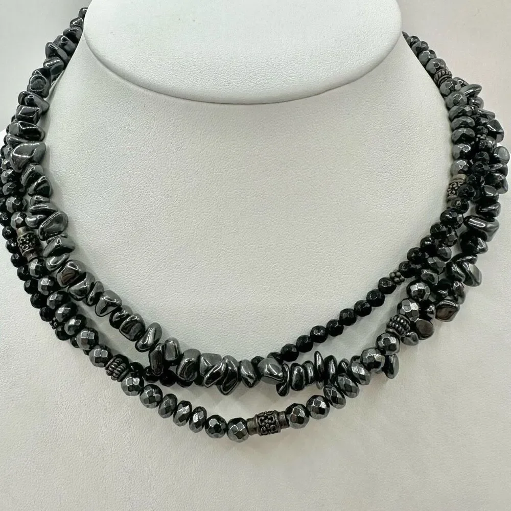Siplada Hematite and onyx sterling silver multi strand necklace